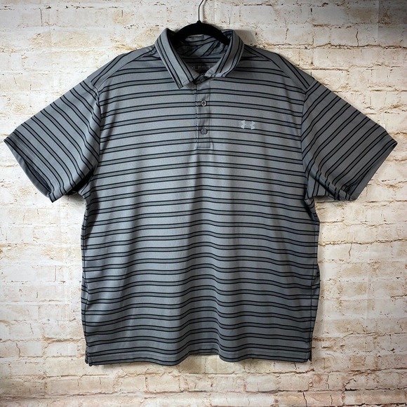 Under Armour Other - Under Armour LOOSE HeatGear Mens Size 2XL Grey Black Stripe Polo Collar Shirt